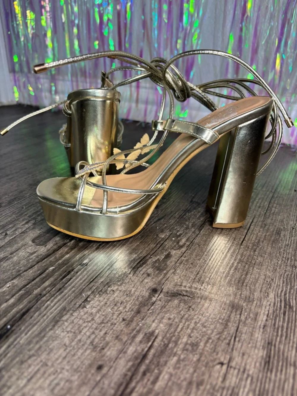 Iridescent Butterfly Gold Platform Lace-Up Heels Sz 6.5 Chunky Heel TOP Moda
